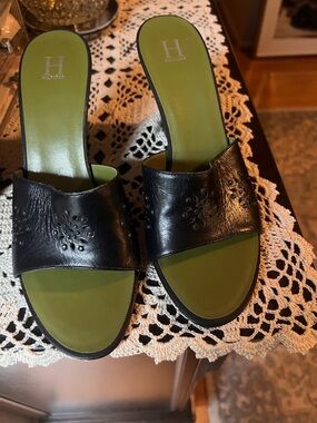 Tommy Hilfiger Black Leather Slide Mules with Olive Green Insole
